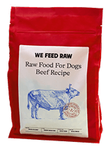 We Feed Raw beef recipe dog food packaging in red resealable bag