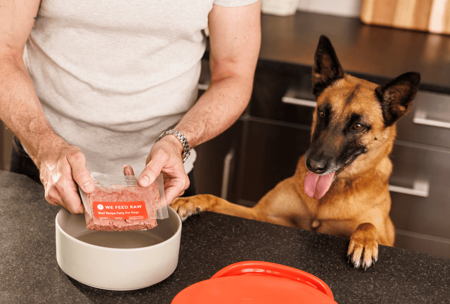 The image shows hands holding a clear package of "We Feed Raw" beef raw dog food over a bowl. A German Shepherd watches eagerly in the background. The raw, red meat is visible through the packaging, emphasizing the product's natural state.